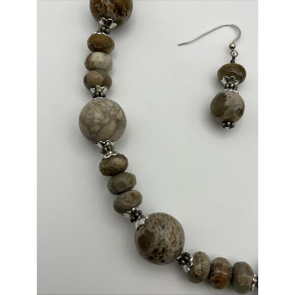 Beaded Stone Necklace & Earrings Set Natural Beige Sterling Silver Posts 18" - Picture 5 of 11